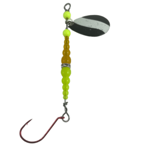 Kokanee Lure Colorado Black White striped yellow and orange beads Silver band